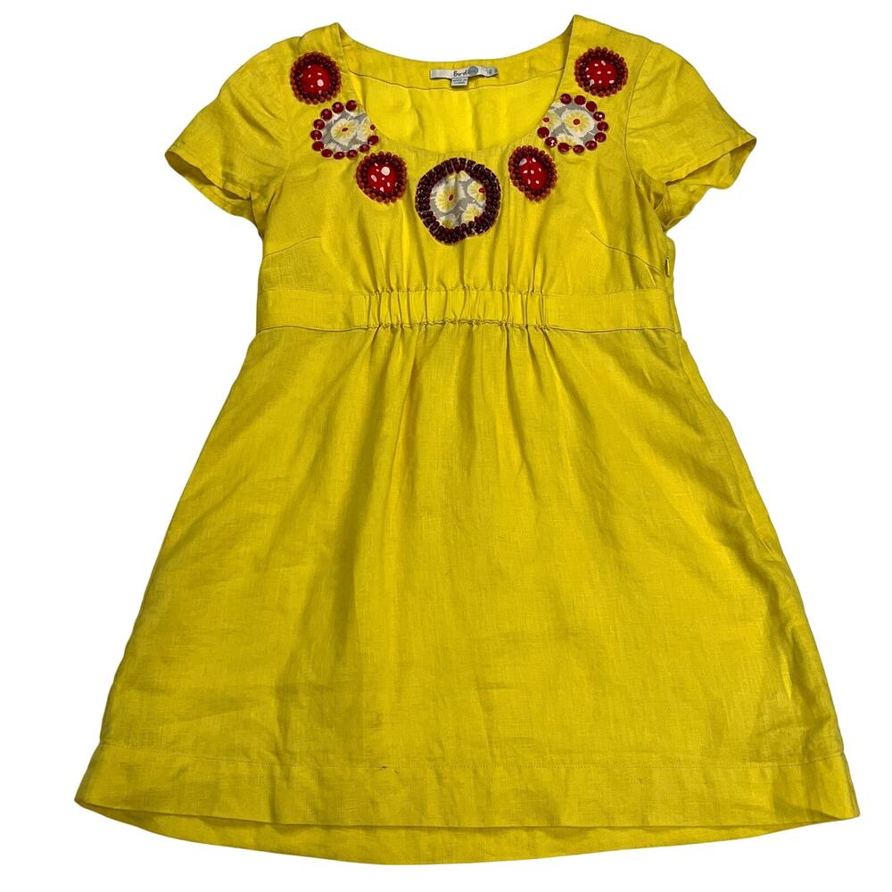 Boden Sunny Yellow Linen Beaded Jeweled Short Sleeve Tunic Top Ruched Size 6